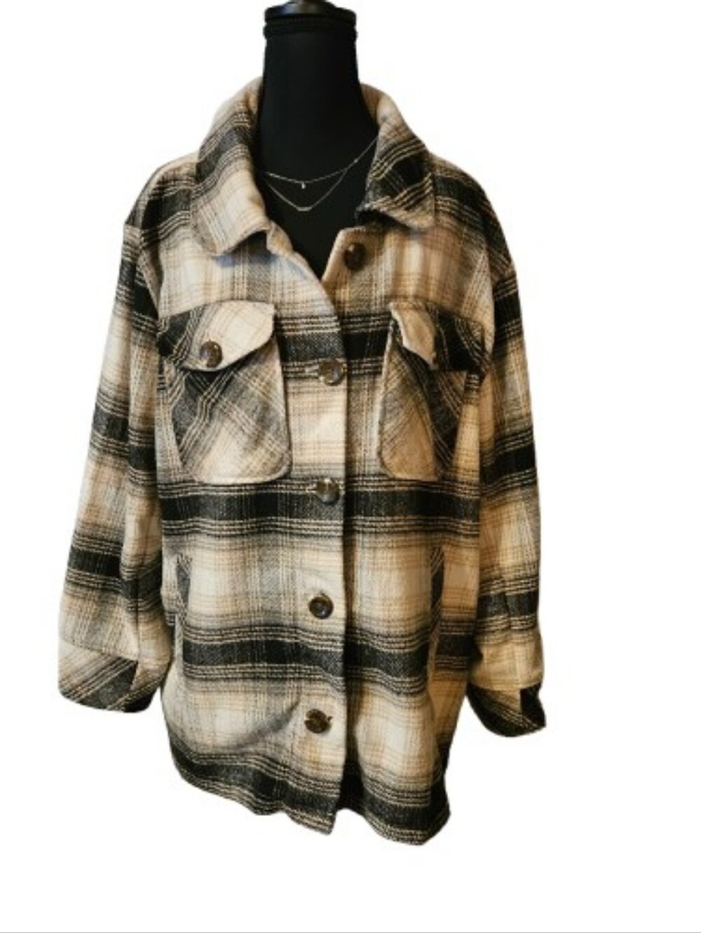 Kensie Women's Large Black & Cream Plaid Button-Front Shacket
